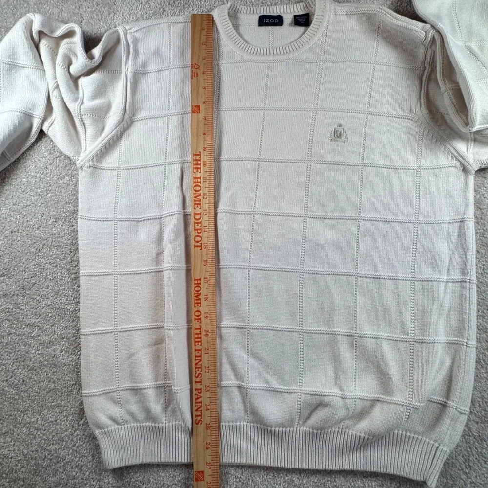 IZOD Mens XL Off White Textured Windowpane Cotton Crewneck Sweater Made in Japan